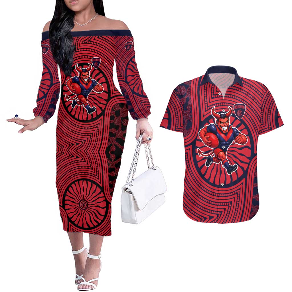 Melbourne Football Club Couples Matching Off The Shoulder Long Sleeve Dress and Hawaiian Shirt Indigenous Monochrome Dot Art Mascot Style