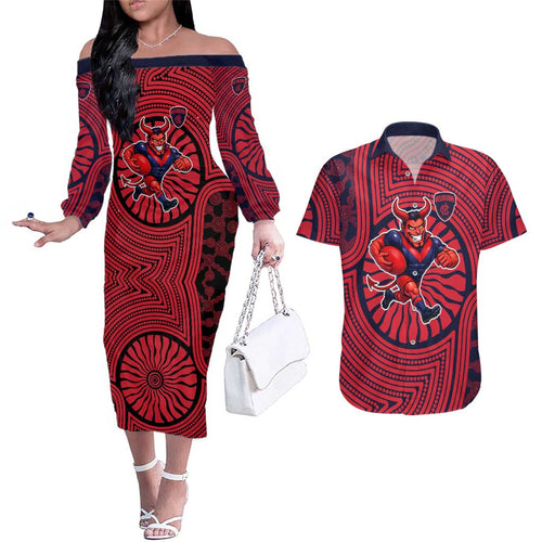 Melbourne Football Club Couples Matching Off The Shoulder Long Sleeve Dress and Hawaiian Shirt Indigenous Monochrome Dot Art Mascot Style