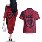 Melbourne Football Club Couples Matching Off The Shoulder Long Sleeve Dress and Hawaiian Shirt Indigenous Monochrome Dot Art Mascot Style