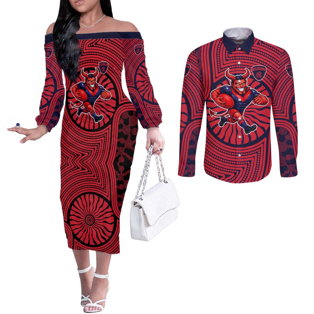 Melbourne Football Club Couples Matching Off The Shoulder Long Sleeve Dress and Long Sleeve Button Shirt Indigenous Monochrome Dot Art Mascot Style