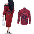 Melbourne Football Club Couples Matching Off The Shoulder Long Sleeve Dress and Long Sleeve Button Shirt Indigenous Monochrome Dot Art Mascot Style