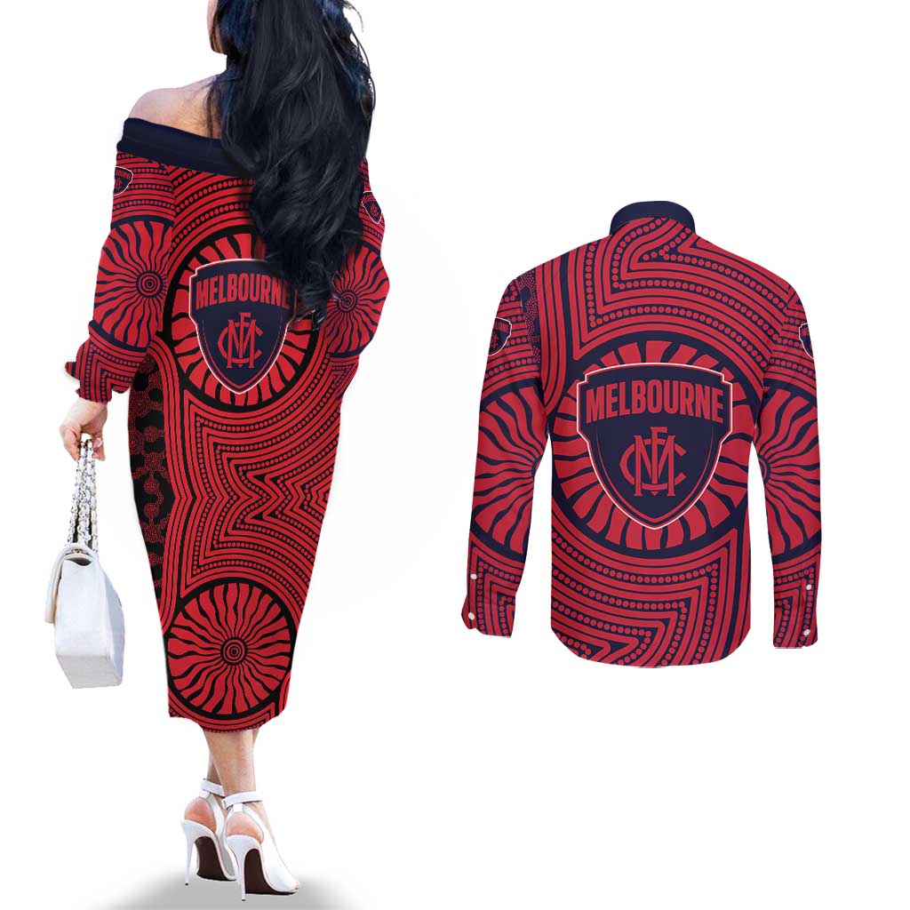 Melbourne Football Club Couples Matching Off The Shoulder Long Sleeve Dress and Long Sleeve Button Shirt Indigenous Monochrome Dot Art Mascot Style