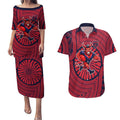 Melbourne Football Club Couples Matching Puletasi and Hawaiian Shirt Indigenous Monochrome Dot Art Mascot Style