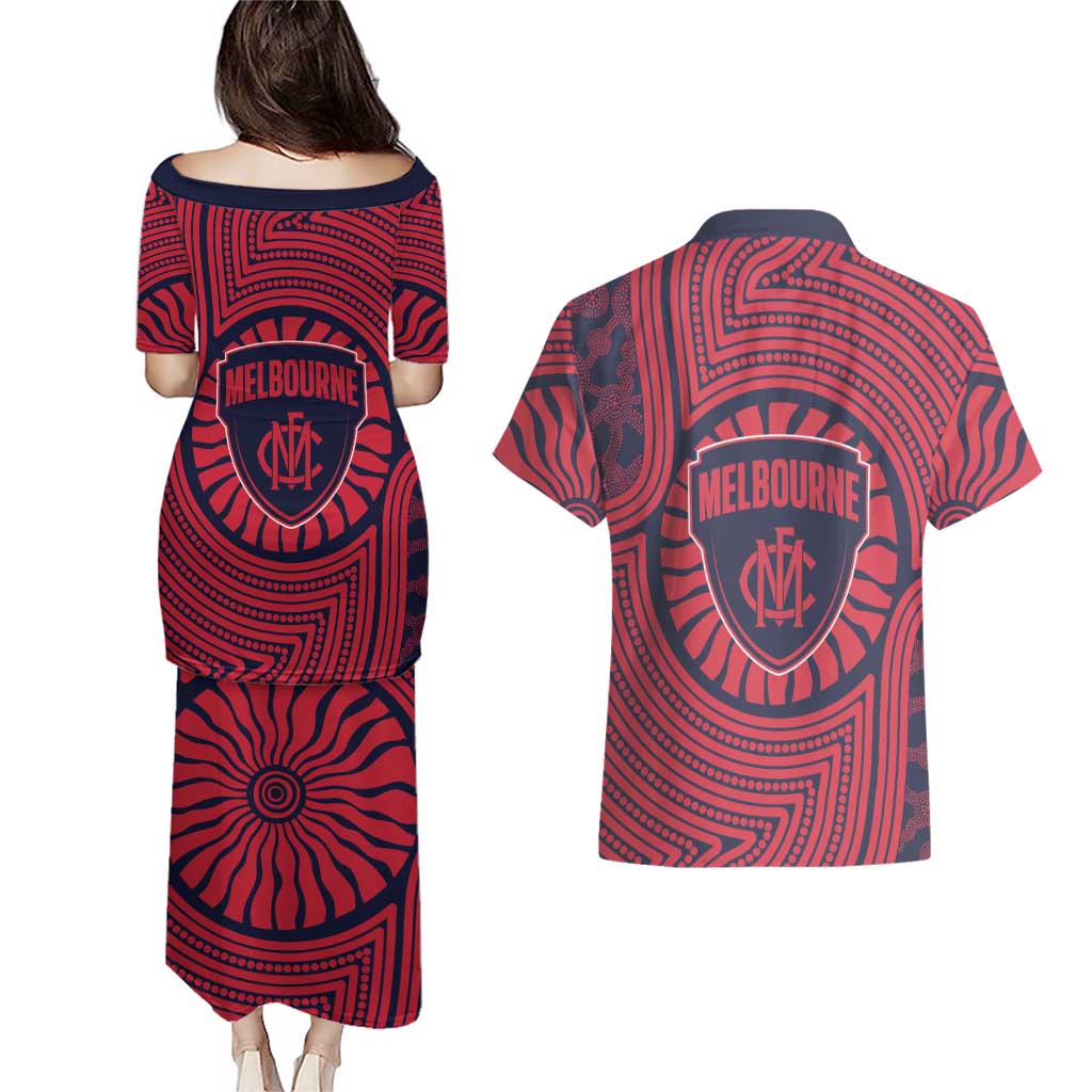 Melbourne Football Club Couples Matching Puletasi and Hawaiian Shirt Indigenous Monochrome Dot Art Mascot Style