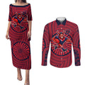 Melbourne Football Club Couples Matching Puletasi and Long Sleeve Button Shirt Indigenous Monochrome Dot Art Mascot Style