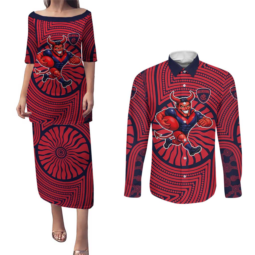 Melbourne Football Club Couples Matching Puletasi and Long Sleeve Button Shirt Indigenous Monochrome Dot Art Mascot Style