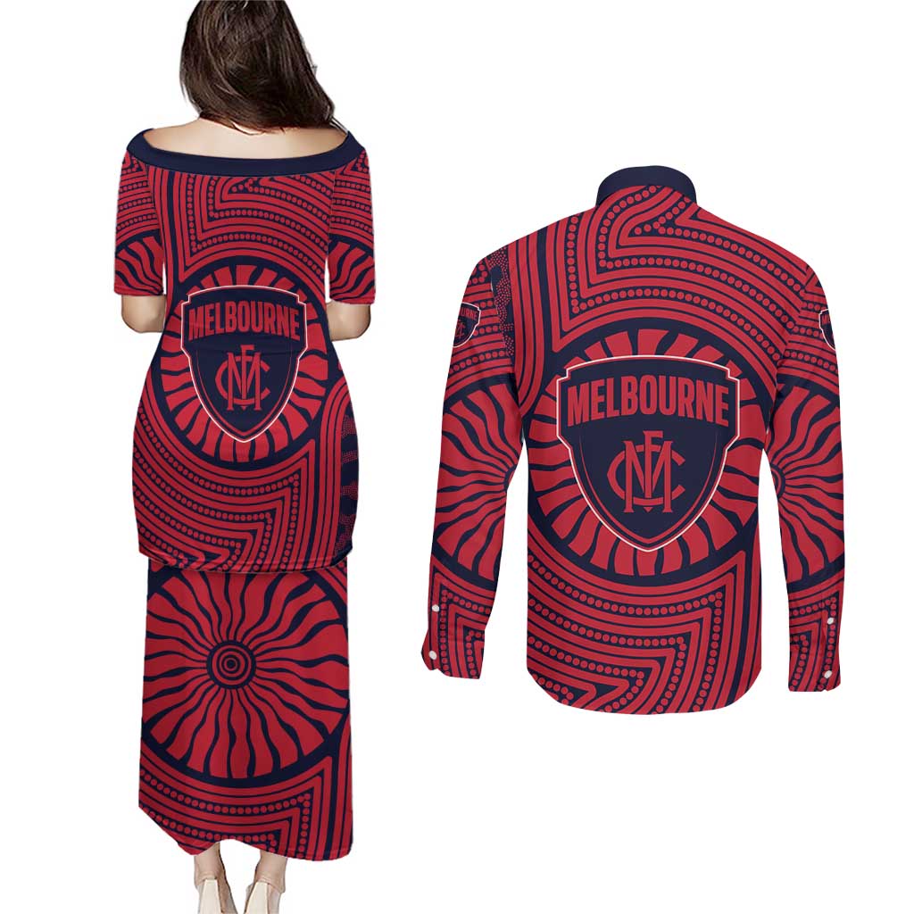Melbourne Football Club Couples Matching Puletasi and Long Sleeve Button Shirt Indigenous Monochrome Dot Art Mascot Style