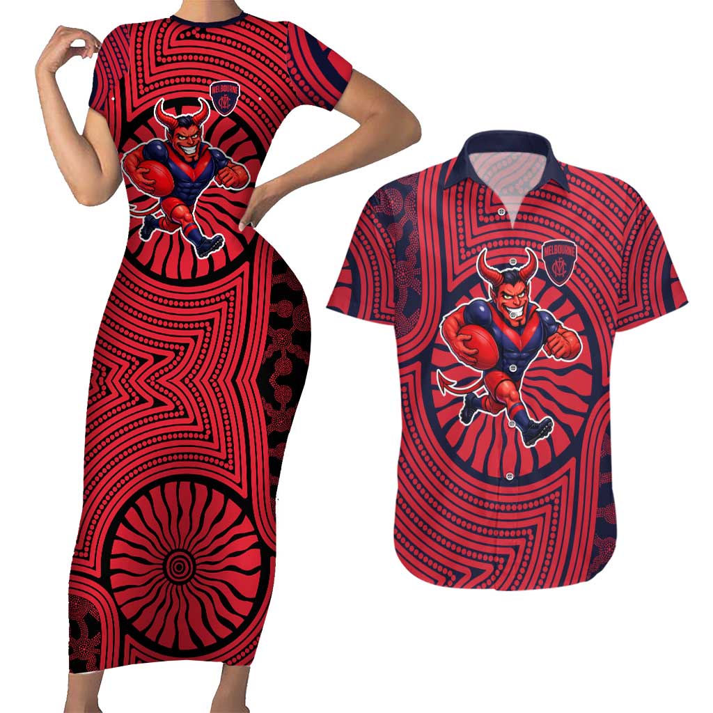 Melbourne Football Club Couples Matching Short Sleeve Bodycon Dress and Hawaiian Shirt Indigenous Monochrome Dot Art Mascot Style