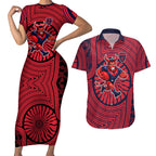 Melbourne Football Club Couples Matching Short Sleeve Bodycon Dress and Hawaiian Shirt Indigenous Monochrome Dot Art Mascot Style