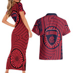 Melbourne Football Club Couples Matching Short Sleeve Bodycon Dress and Hawaiian Shirt Indigenous Monochrome Dot Art Mascot Style