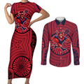 Melbourne Football Club Couples Matching Short Sleeve Bodycon Dress and Long Sleeve Button Shirt Indigenous Monochrome Dot Art Mascot Style