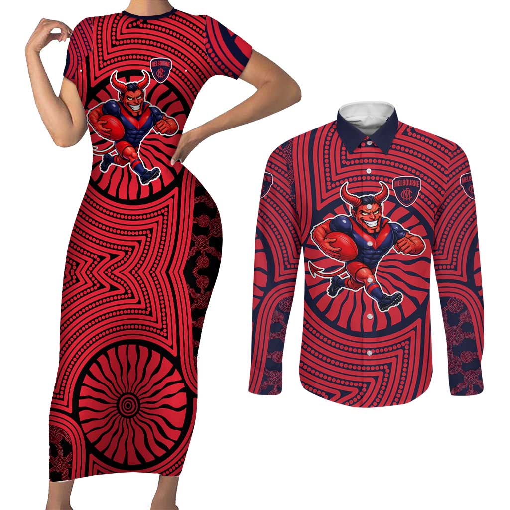 Melbourne Football Club Couples Matching Short Sleeve Bodycon Dress and Long Sleeve Button Shirt Indigenous Monochrome Dot Art Mascot Style