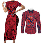 Melbourne Football Club Couples Matching Short Sleeve Bodycon Dress and Long Sleeve Button Shirt Indigenous Monochrome Dot Art Mascot Style
