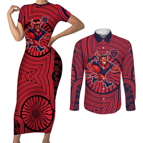 Melbourne Football Club Couples Matching Short Sleeve Bodycon Dress and Long Sleeve Button Shirt Indigenous Monochrome Dot Art Mascot Style