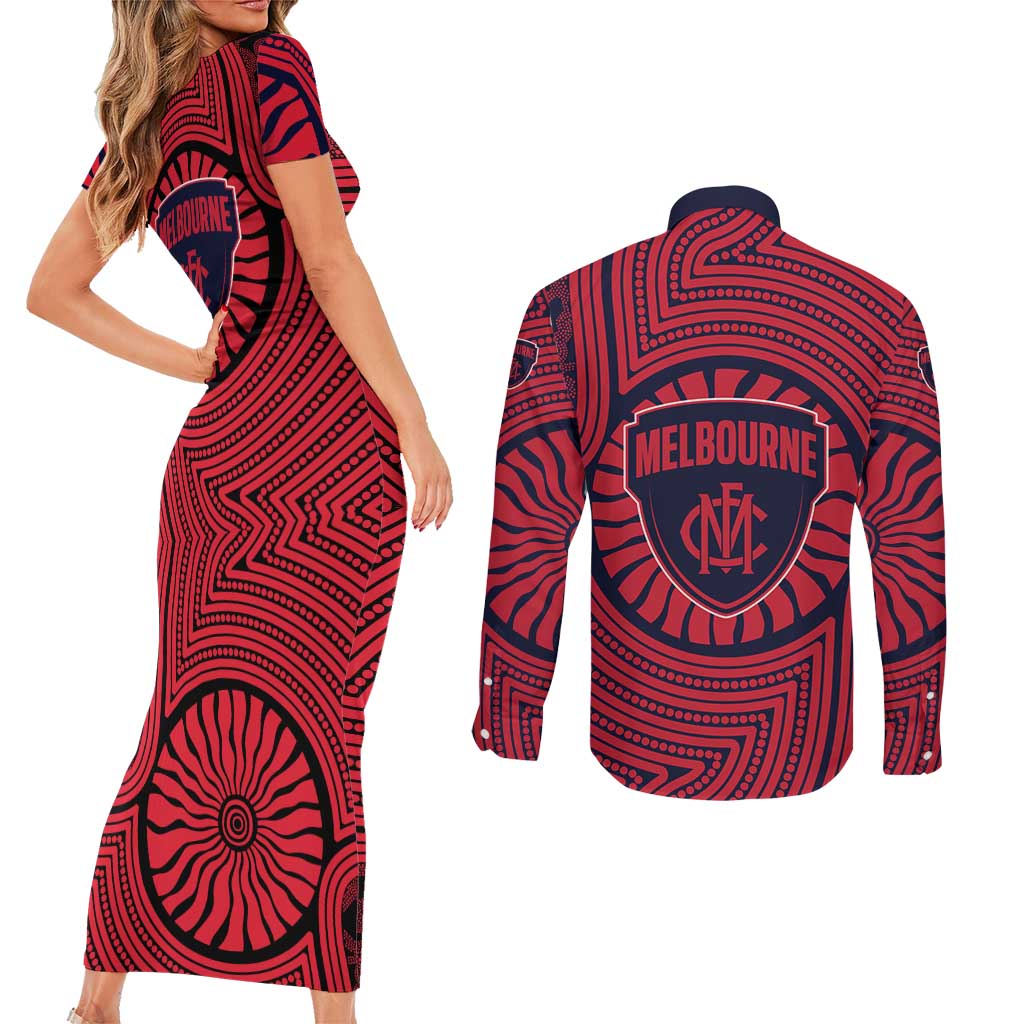 Melbourne Football Club Couples Matching Short Sleeve Bodycon Dress and Long Sleeve Button Shirt Indigenous Monochrome Dot Art Mascot Style