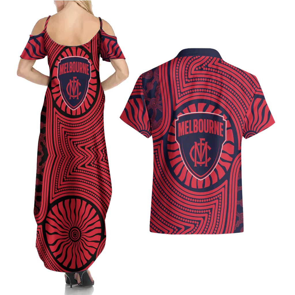 Melbourne Football Club Couples Matching Summer Maxi Dress and Hawaiian Shirt Indigenous Monochrome Dot Art Mascot Style