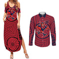 Melbourne Football Club Couples Matching Summer Maxi Dress and Long Sleeve Button Shirt Indigenous Monochrome Dot Art Mascot Style