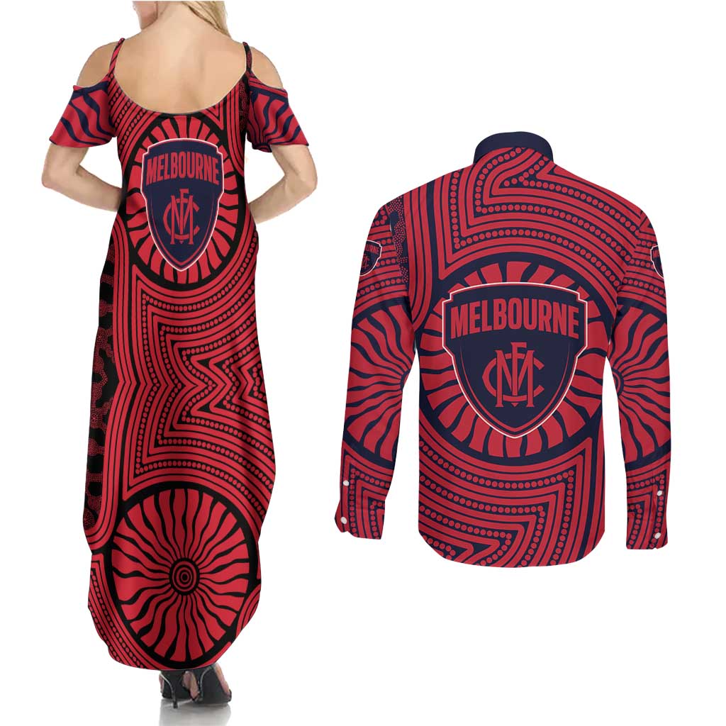 Melbourne Football Club Couples Matching Summer Maxi Dress and Long Sleeve Button Shirt Indigenous Monochrome Dot Art Mascot Style