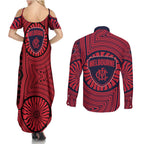 Melbourne Football Club Couples Matching Summer Maxi Dress and Long Sleeve Button Shirt Indigenous Monochrome Dot Art Mascot Style