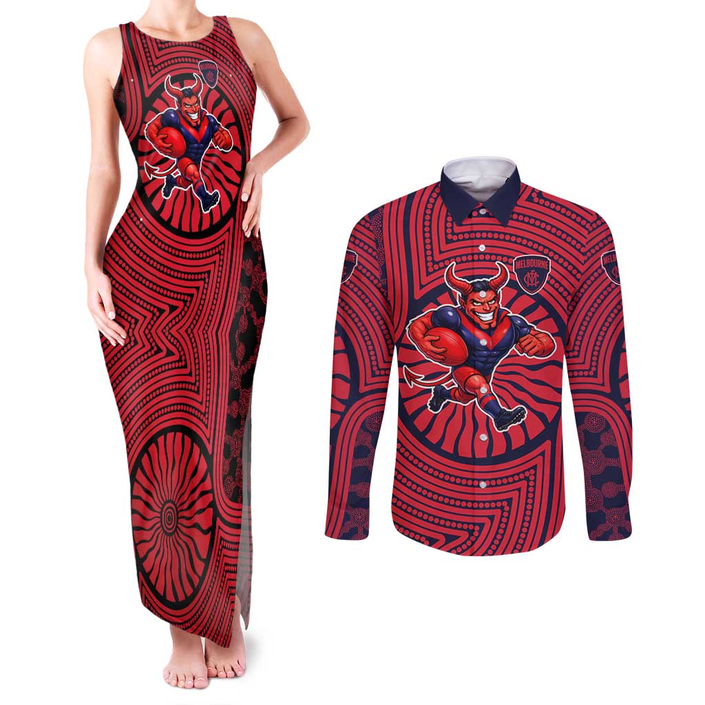 Melbourne Football Club Couples Matching Tank Maxi Dress and Long Sleeve Button Shirt Indigenous Monochrome Dot Art Mascot Style