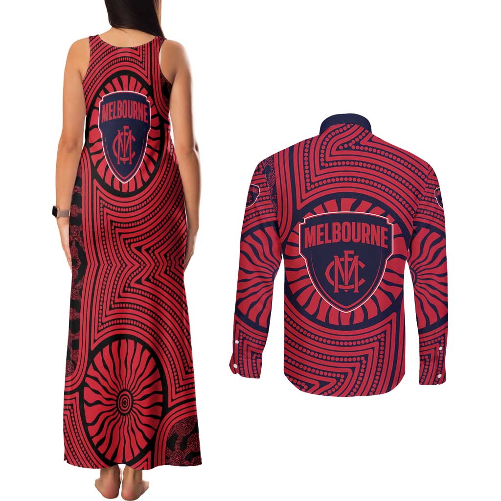 Melbourne Football Club Couples Matching Tank Maxi Dress and Long Sleeve Button Shirt Indigenous Monochrome Dot Art Mascot Style