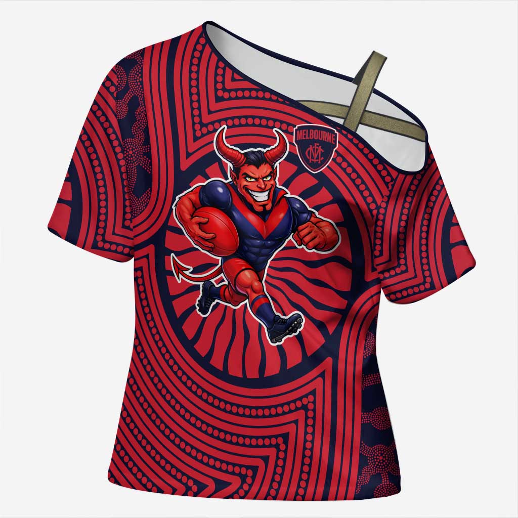 Melbourne Football Club Cross Shoulder Shirt Indigenous Monochrome Dot Art Mascot Style