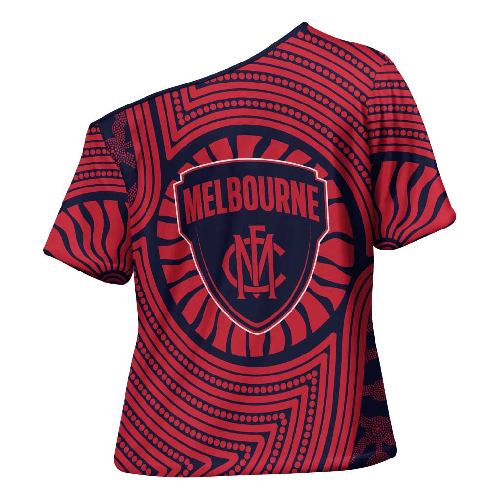 Melbourne Football Club Cross Shoulder Shirt Indigenous Monochrome Dot Art Mascot Style