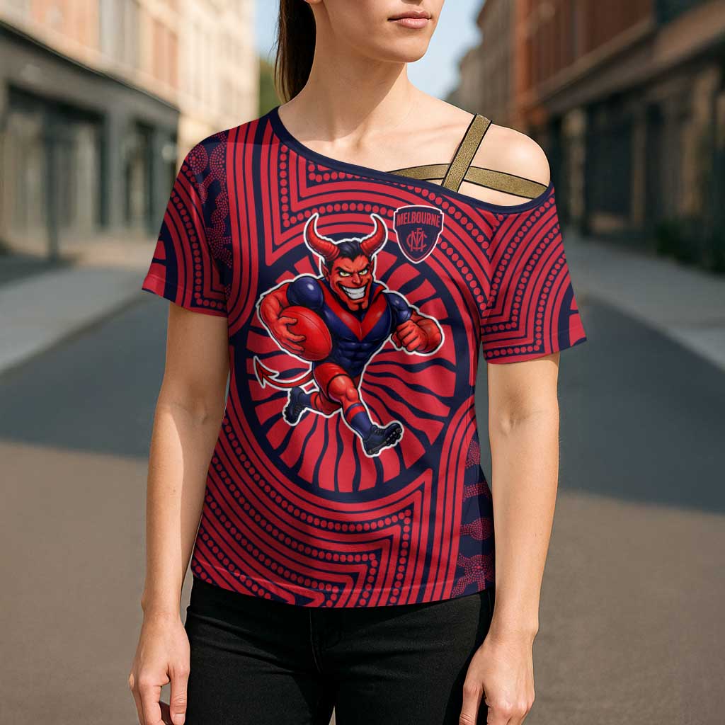 Melbourne Football Club Cross Shoulder Shirt Indigenous Monochrome Dot Art Mascot Style