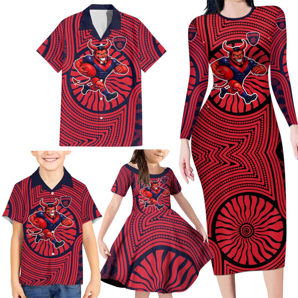 Melbourne Football Club Family Matching Long Sleeve Bodycon Dress and Hawaiian Shirt Indigenous Monochrome Dot Art Mascot Style