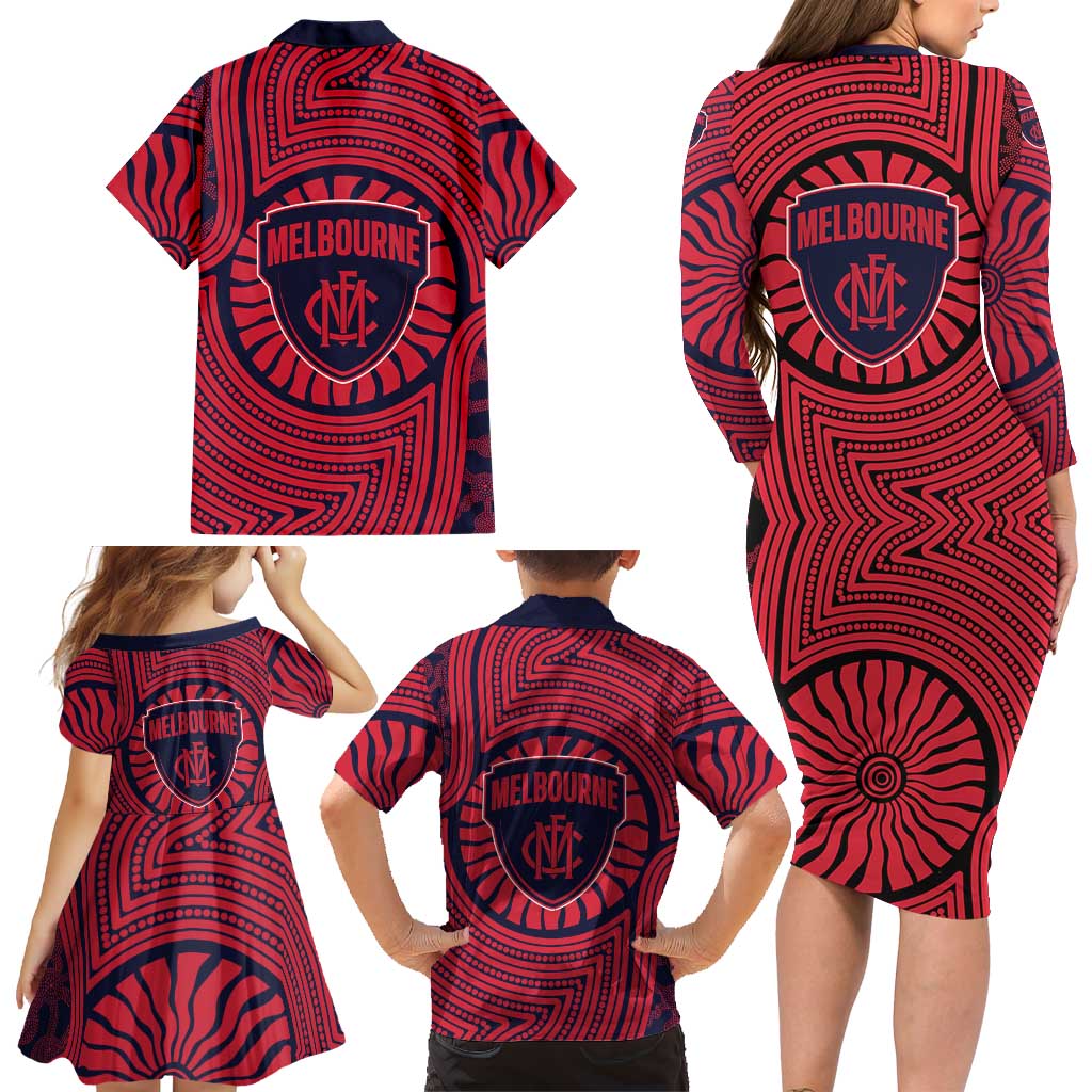 Melbourne Football Club Family Matching Long Sleeve Bodycon Dress and Hawaiian Shirt Indigenous Monochrome Dot Art Mascot Style