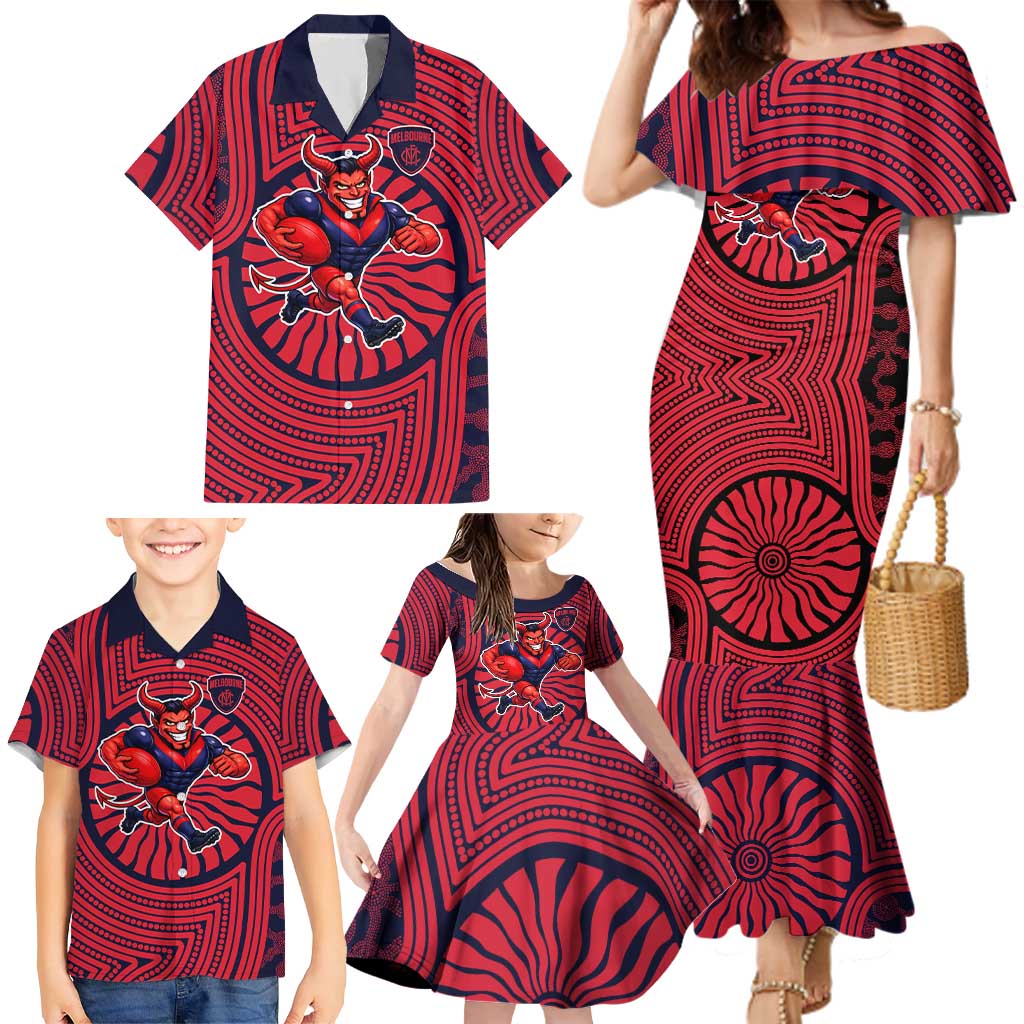 Melbourne Football Club Family Matching Mermaid Dress and Hawaiian Shirt Indigenous Monochrome Dot Art Mascot Style
