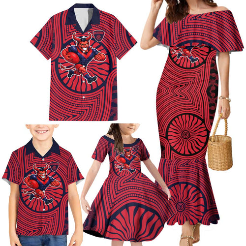 Melbourne Football Club Family Matching Mermaid Dress and Hawaiian Shirt Indigenous Monochrome Dot Art Mascot Style