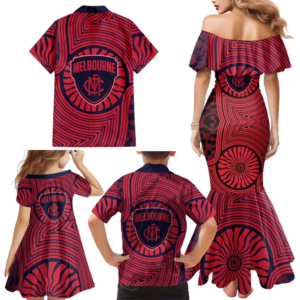 Melbourne Football Club Family Matching Mermaid Dress and Hawaiian Shirt Indigenous Monochrome Dot Art Mascot Style
