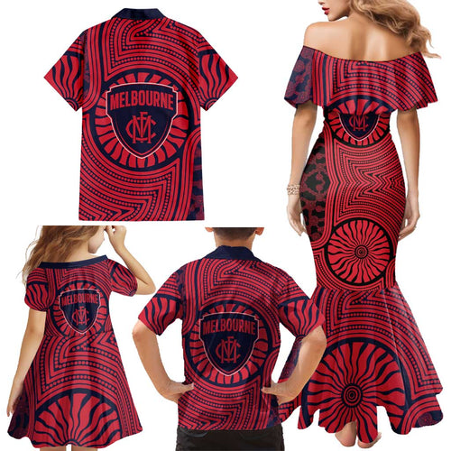 Melbourne Football Club Family Matching Mermaid Dress and Hawaiian Shirt Indigenous Monochrome Dot Art Mascot Style