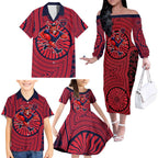 Melbourne Football Club Family Matching Off The Shoulder Long Sleeve Dress and Hawaiian Shirt Indigenous Monochrome Dot Art Mascot Style
