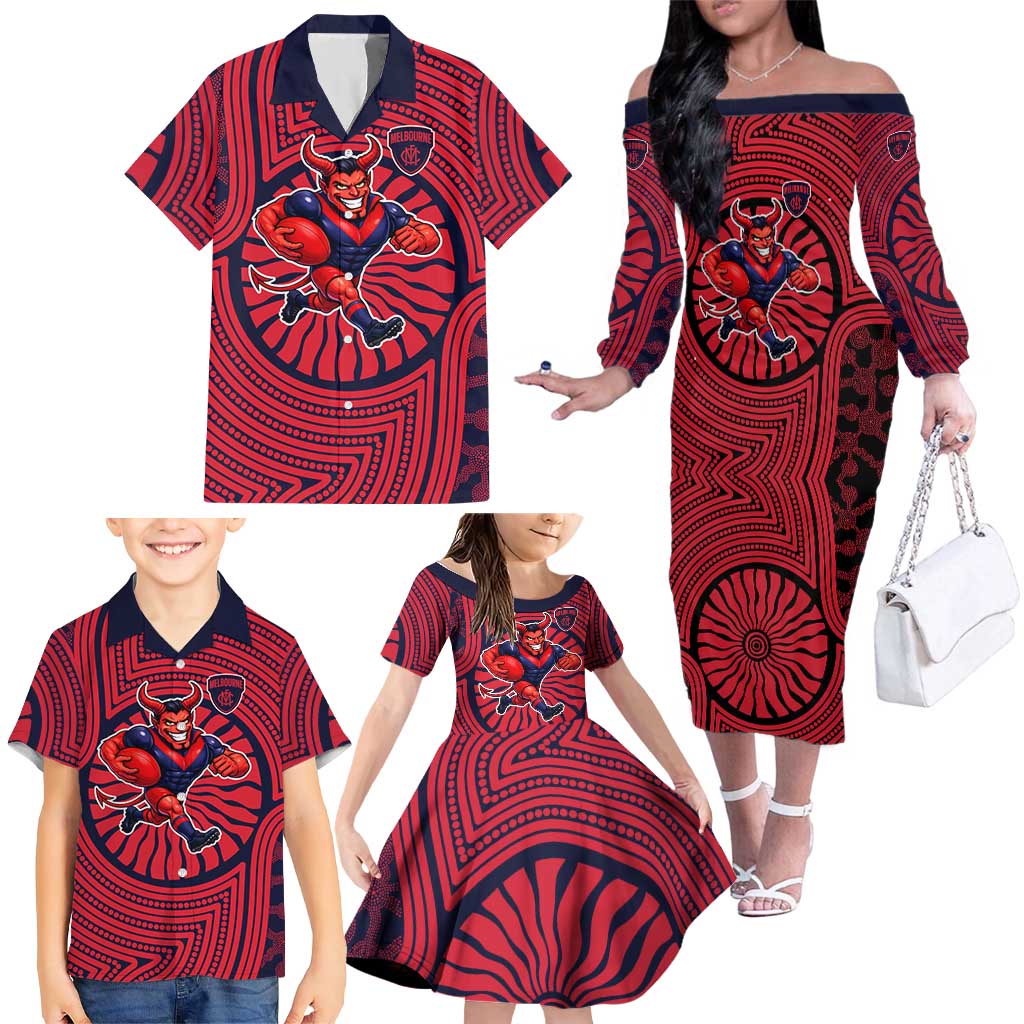 Melbourne Football Club Family Matching Off The Shoulder Long Sleeve Dress and Hawaiian Shirt Indigenous Monochrome Dot Art Mascot Style