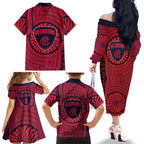 Melbourne Football Club Family Matching Off The Shoulder Long Sleeve Dress and Hawaiian Shirt Indigenous Monochrome Dot Art Mascot Style