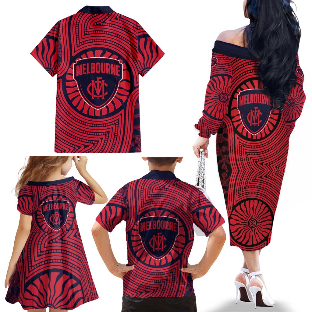 Melbourne Football Club Family Matching Off The Shoulder Long Sleeve Dress and Hawaiian Shirt Indigenous Monochrome Dot Art Mascot Style