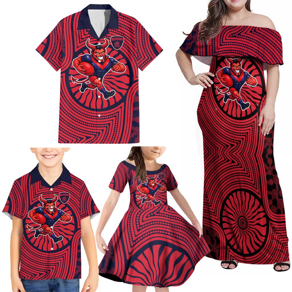 Melbourne Football Club Family Matching Off Shoulder Maxi Dress and Hawaiian Shirt Indigenous Monochrome Dot Art Mascot Style