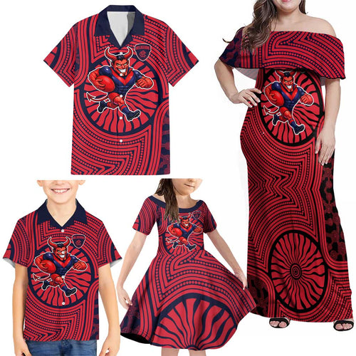 Melbourne Football Club Family Matching Off Shoulder Maxi Dress and Hawaiian Shirt Indigenous Monochrome Dot Art Mascot Style