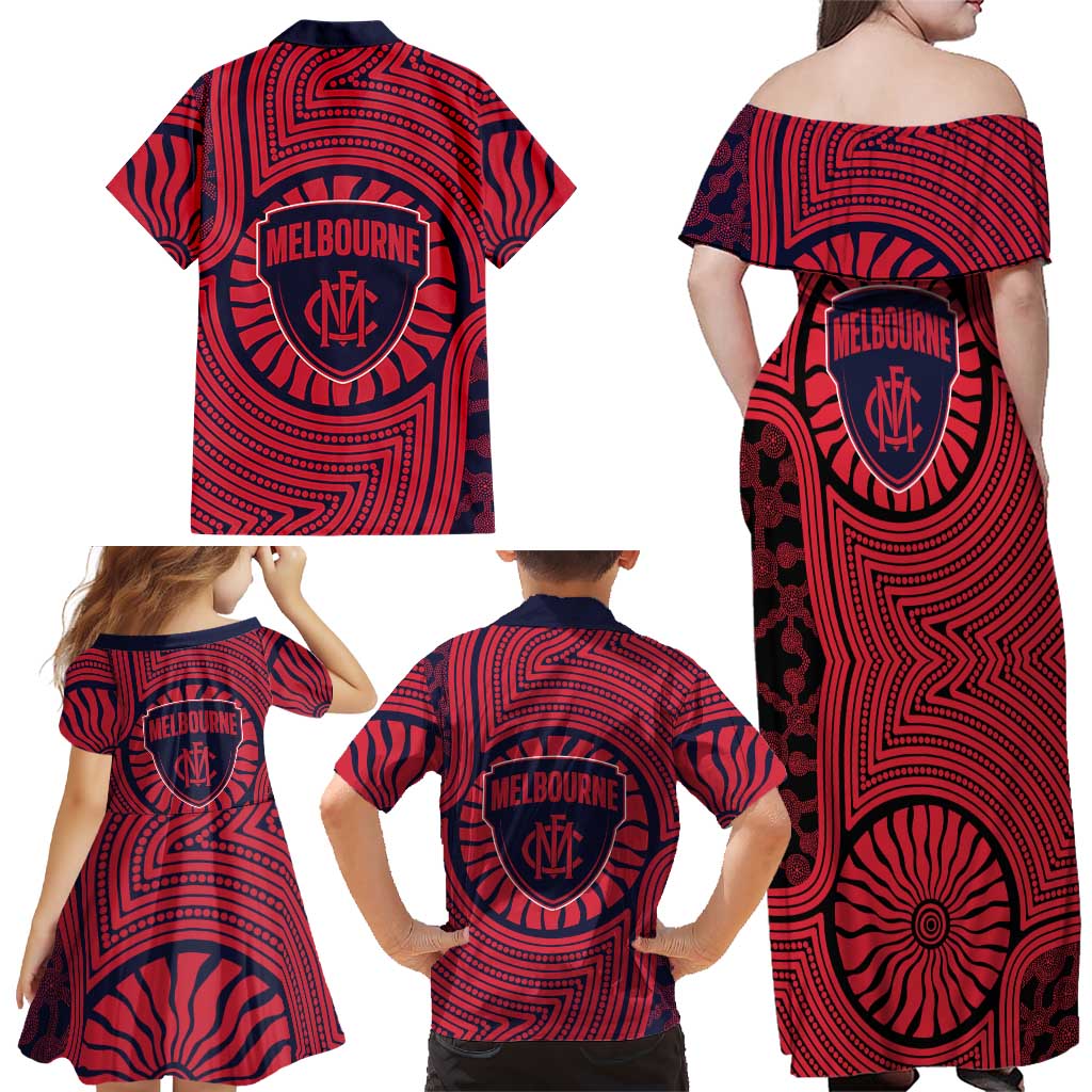 Melbourne Football Club Family Matching Off Shoulder Maxi Dress and Hawaiian Shirt Indigenous Monochrome Dot Art Mascot Style