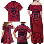 Melbourne Football Club Family Matching Off Shoulder Maxi Dress and Hawaiian Shirt Indigenous Monochrome Dot Art Mascot Style