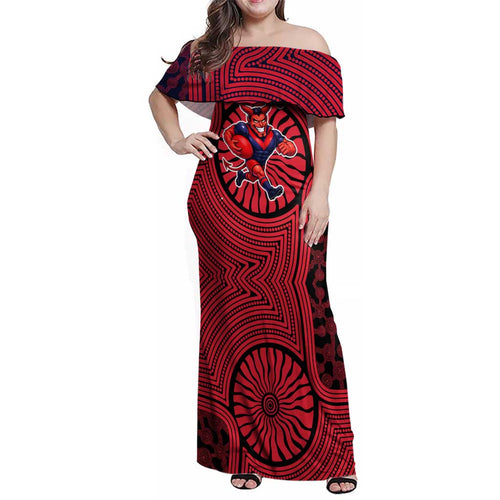 Melbourne Football Club Family Matching Off Shoulder Maxi Dress and Hawaiian Shirt Indigenous Monochrome Dot Art Mascot Style