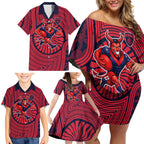 Melbourne Football Club Family Matching Off Shoulder Short Dress and Hawaiian Shirt Indigenous Monochrome Dot Art Mascot Style