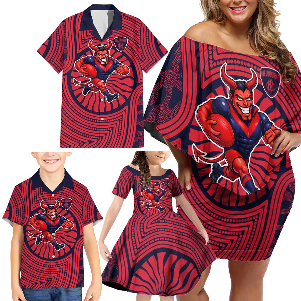 Melbourne Football Club Family Matching Off Shoulder Short Dress and Hawaiian Shirt Indigenous Monochrome Dot Art Mascot Style