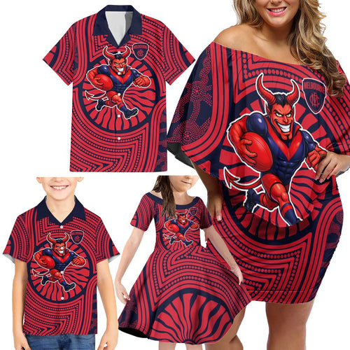Melbourne Football Club Family Matching Off Shoulder Short Dress and Hawaiian Shirt Indigenous Monochrome Dot Art Mascot Style