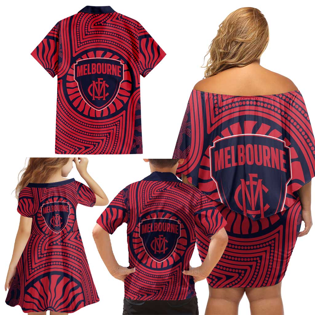 Melbourne Football Club Family Matching Off Shoulder Short Dress and Hawaiian Shirt Indigenous Monochrome Dot Art Mascot Style