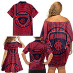 Melbourne Football Club Family Matching Off Shoulder Short Dress and Hawaiian Shirt Indigenous Monochrome Dot Art Mascot Style