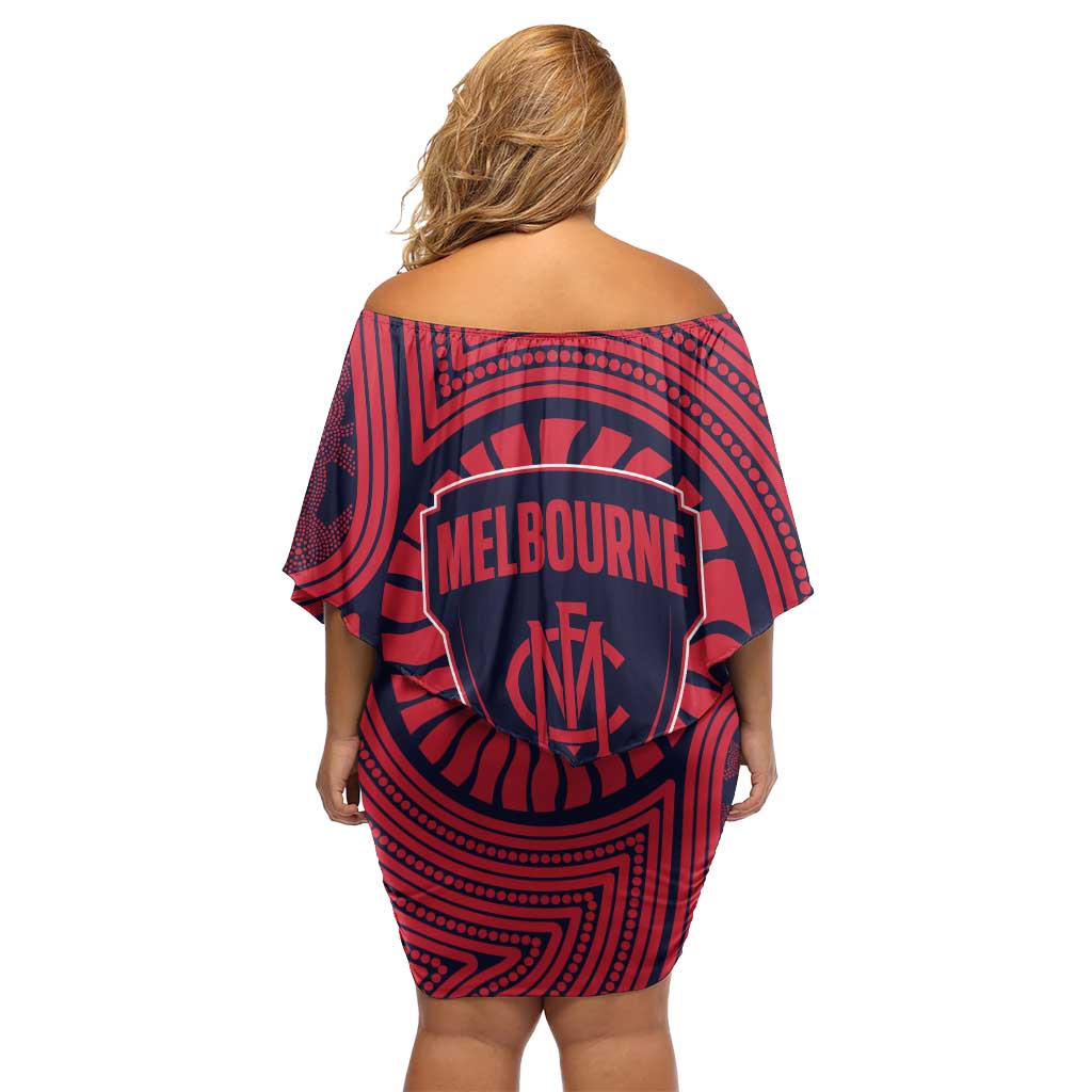 Melbourne Football Club Family Matching Off Shoulder Short Dress and Hawaiian Shirt Indigenous Monochrome Dot Art Mascot Style