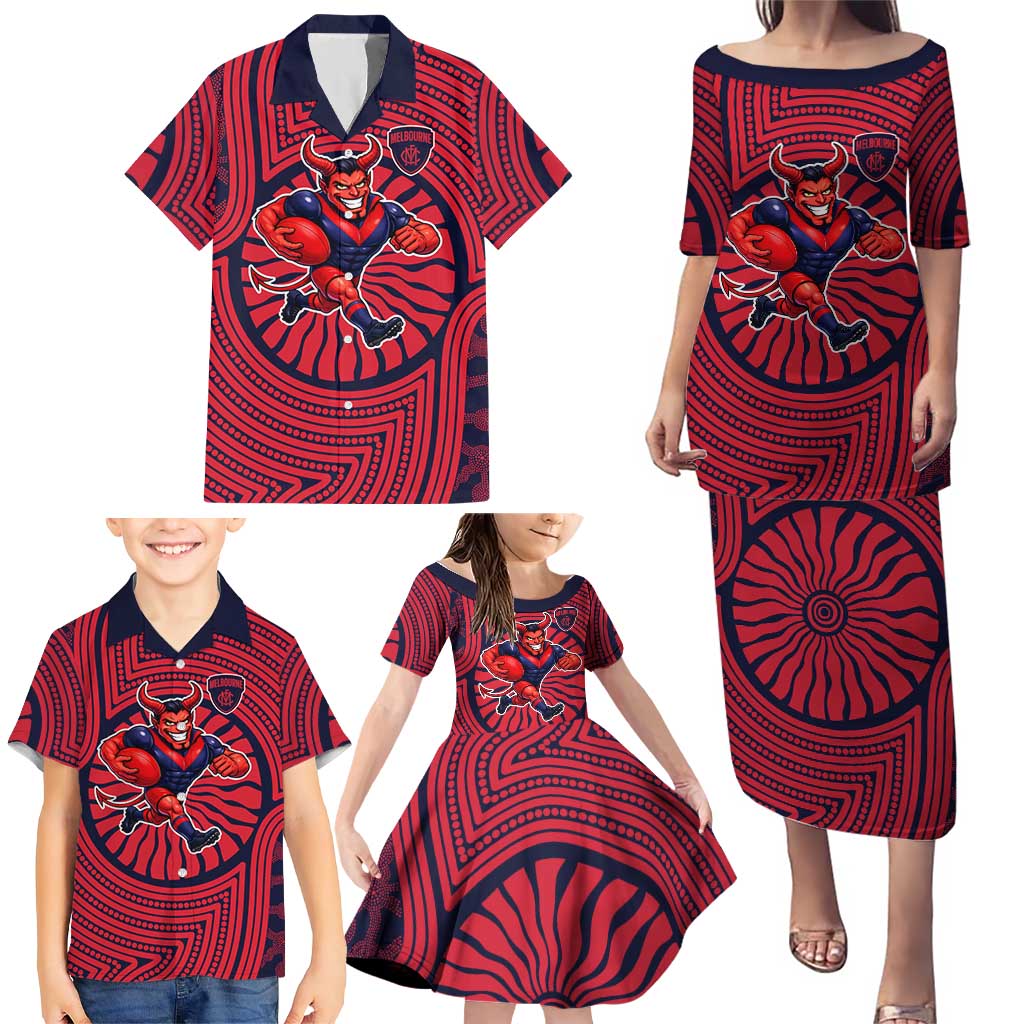 Melbourne Football Club Family Matching Puletasi and Hawaiian Shirt Indigenous Monochrome Dot Art Mascot Style